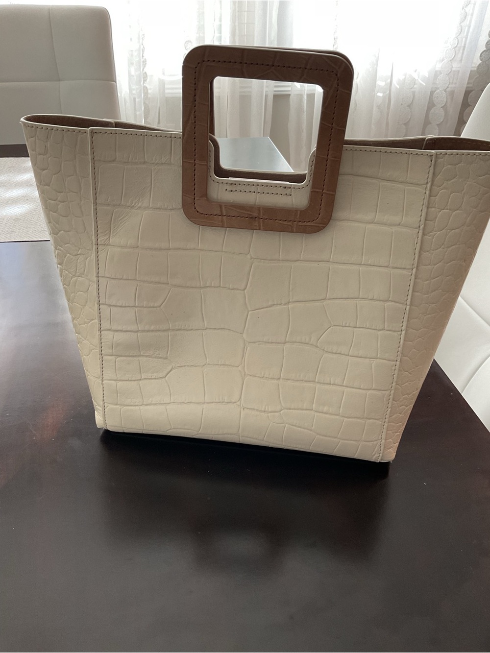 STAUD Cream Croc-Embossed Tote with Brown Square Handle